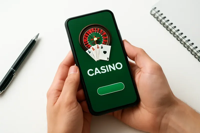 Hands holding phone with casino app above clean white desk