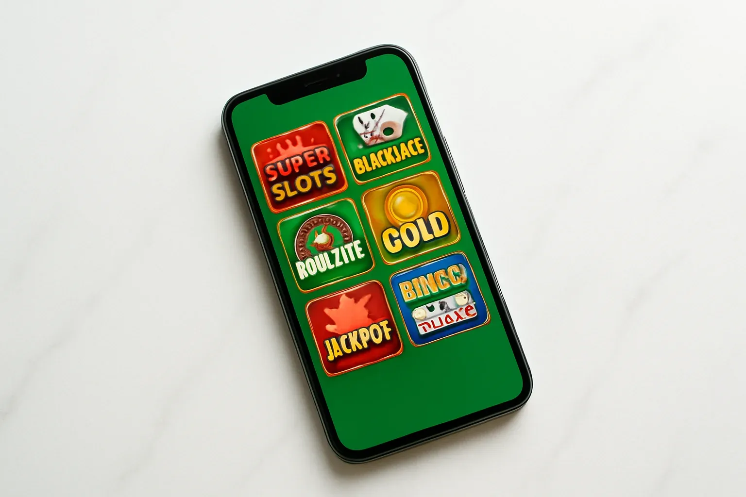Casino App Flatlay Smartphone on white marble showing bright casino game selection grid