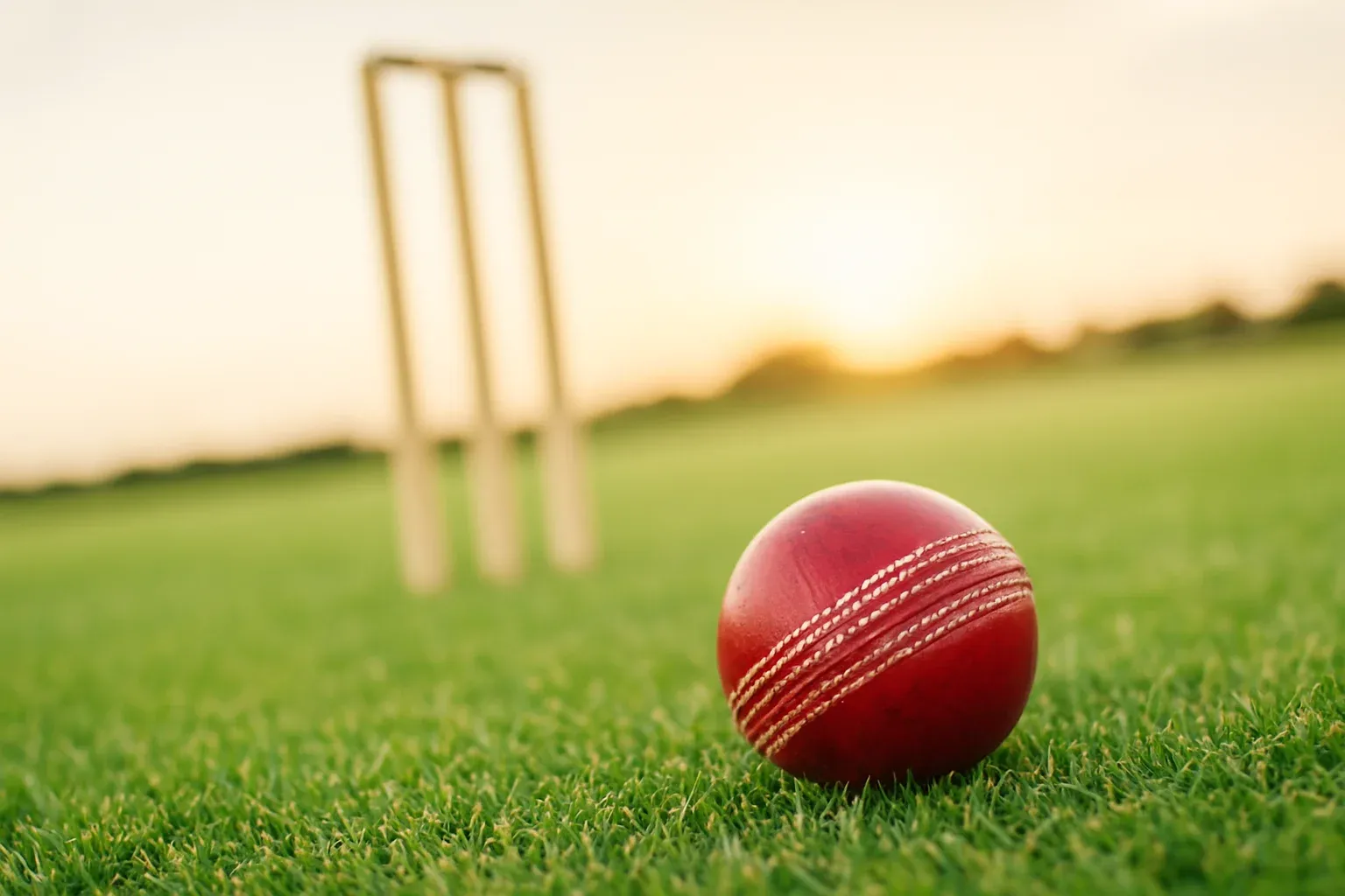 Cricket Pitch At Dusk Red cricket ball on mown grass with stumps at dusk