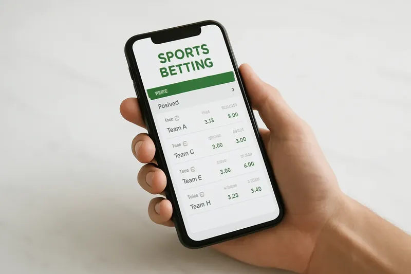 Hand holding smartphone showing sports betting odds on marble surface