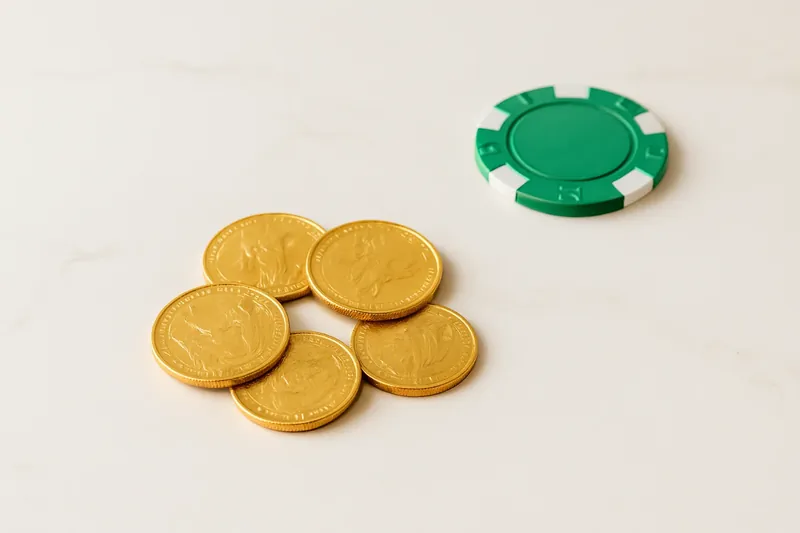 Five gold coins on cream marble with poker chip edge