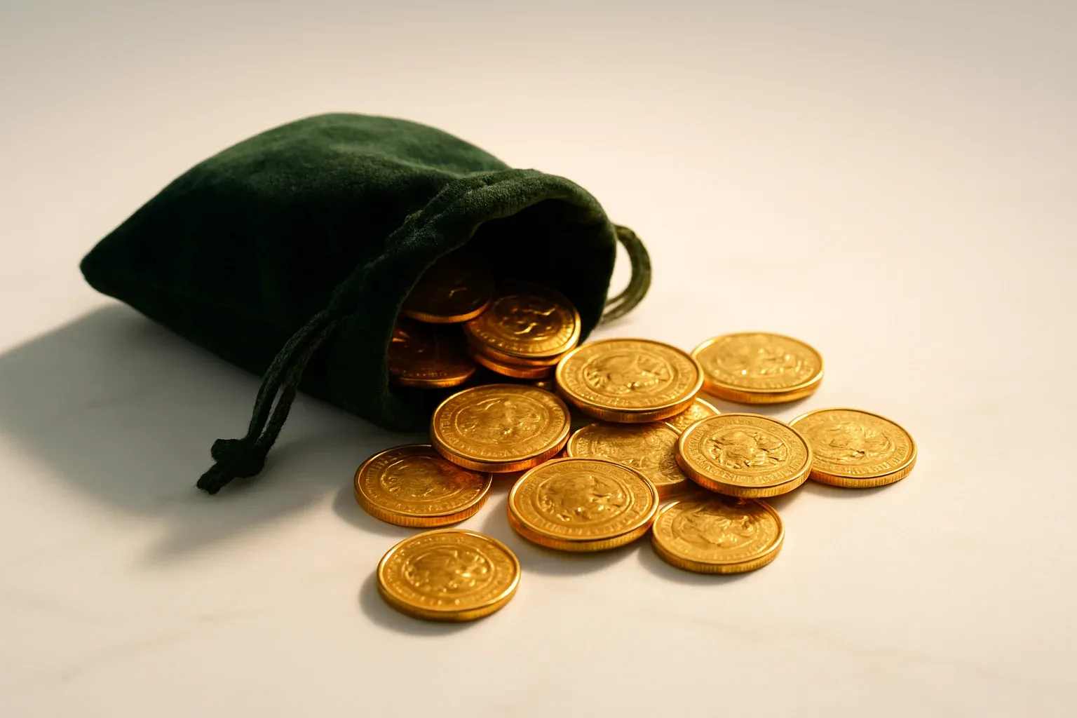 Golden coins spilling from velvet pouch on white marble surface