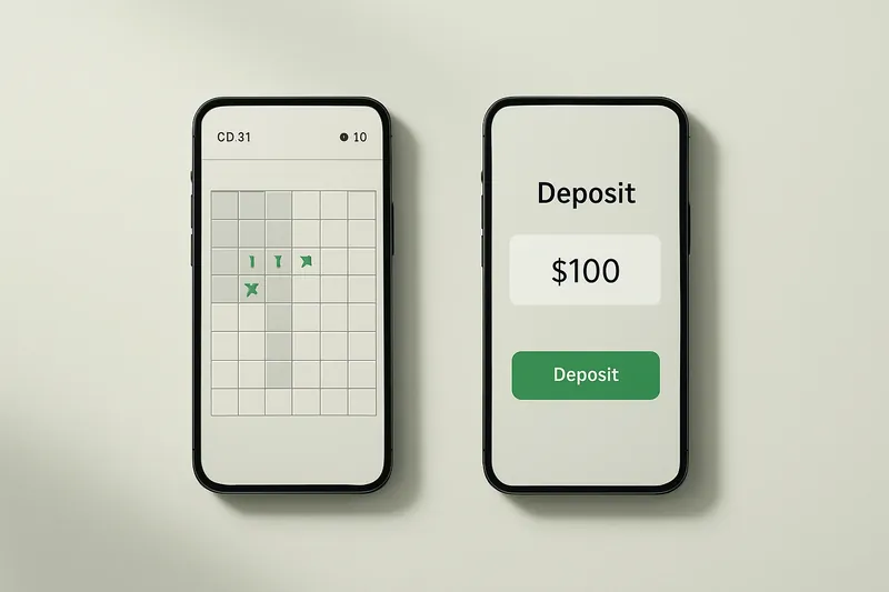 Two smartphones on cream background showing game grid and deposit screen