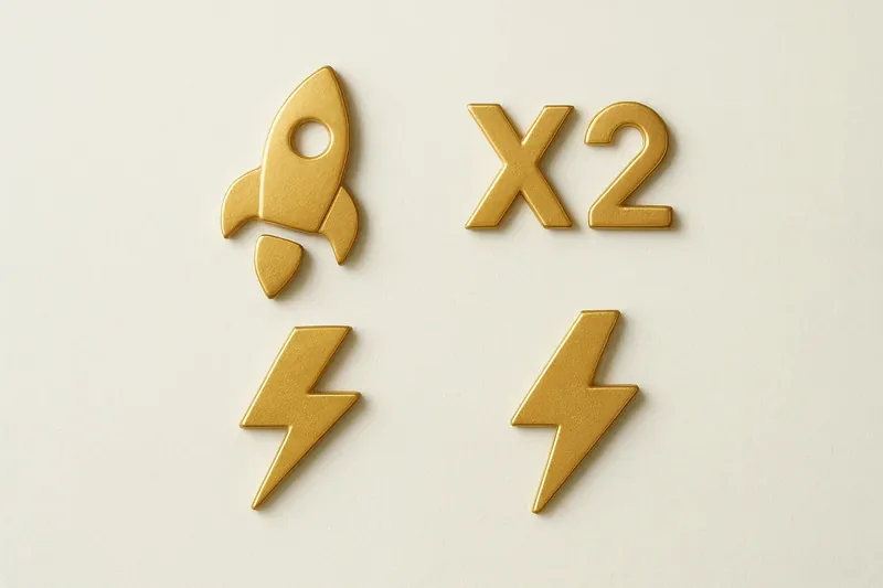 Gold and white instant game icons with rocket and lightning bolts
