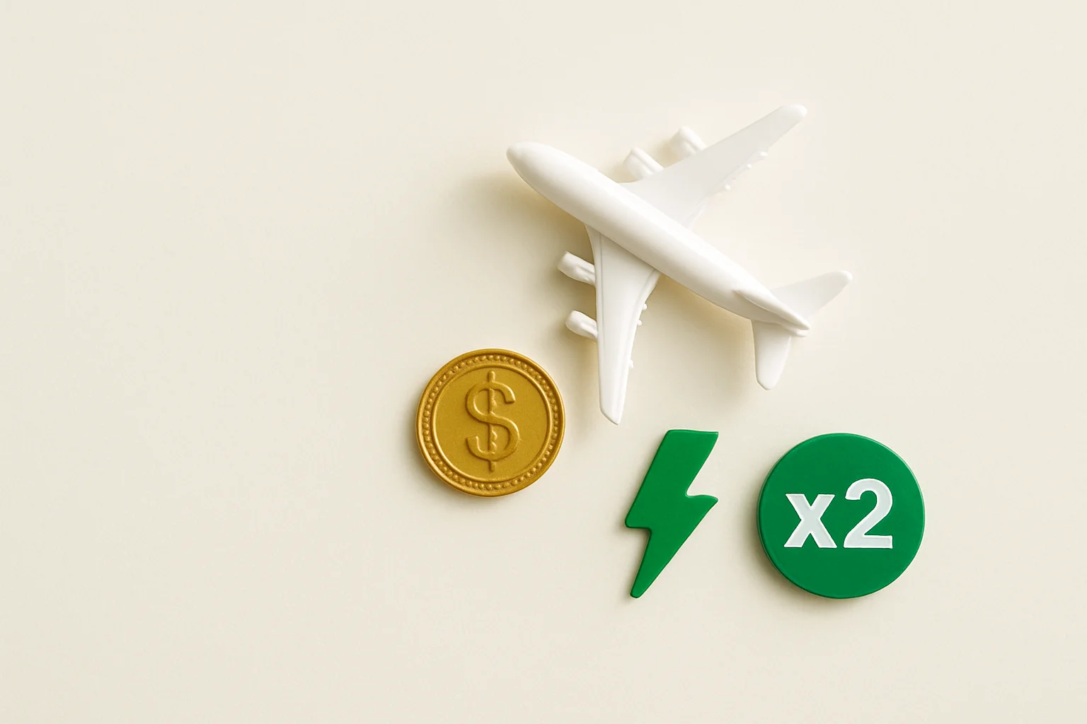 Overhead flat lay with airplane figurine, gold coin, lightning token, multiplier badge
