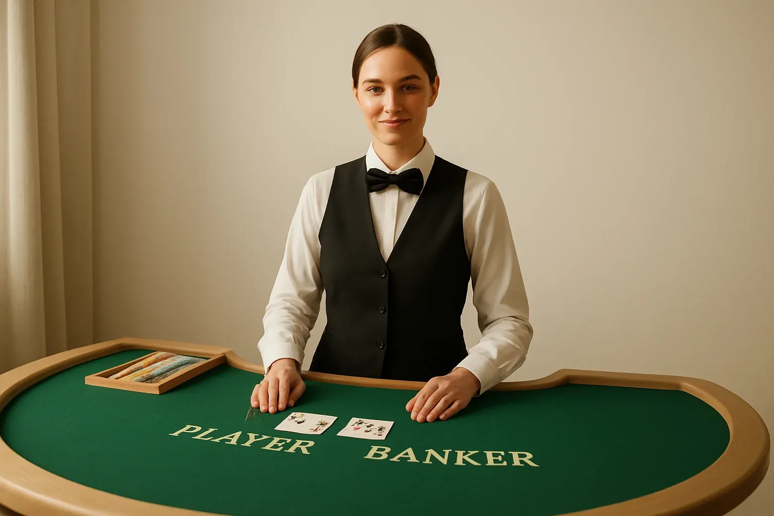 Professional female dealer at elegant live baccarat table in casino