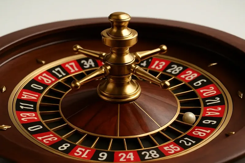 Close-up overhead of roulette wheel center with gold accents