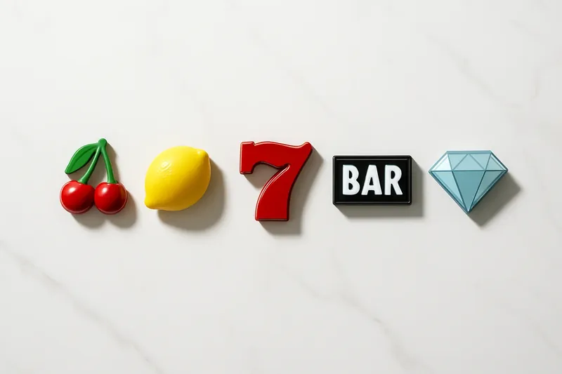 Five polished slot symbols in a neat row on white marble