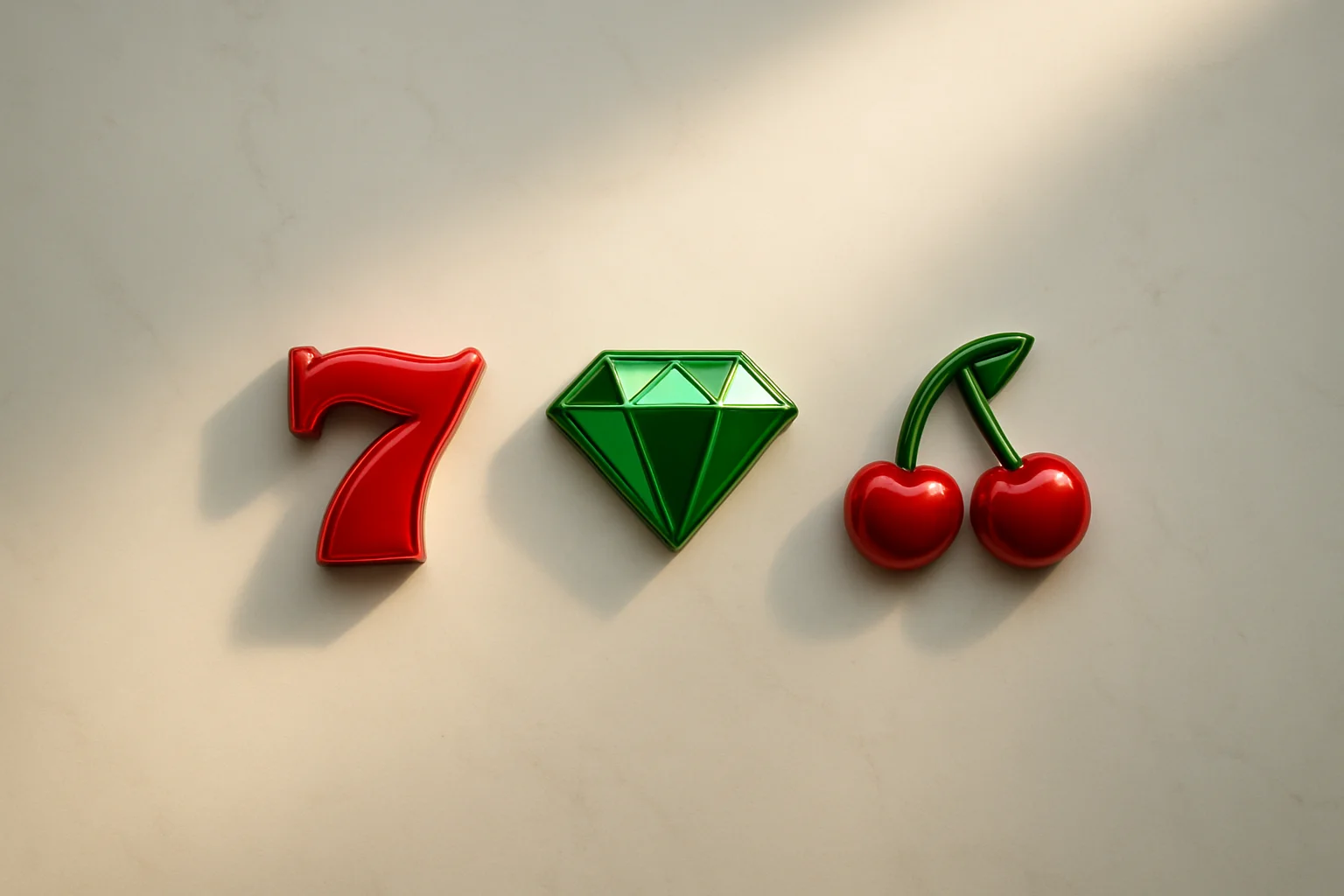 Three polished slot symbols on white marble with warm spotlights